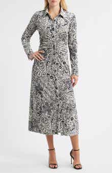 Julia Jordan Print Long Sleeve Velvet Midi Shirtdress