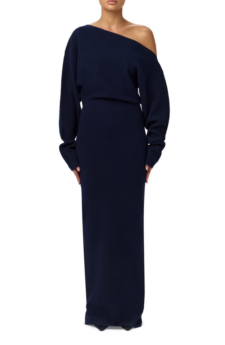 Naked Wardrobe One-Shoulder Long Sleeve Maxi Sweater Dress, Main, color, Navy Blue