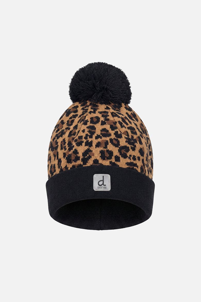 Leopard Knit Lined Hat with Pompom, Main, color, Brown Leopard Print