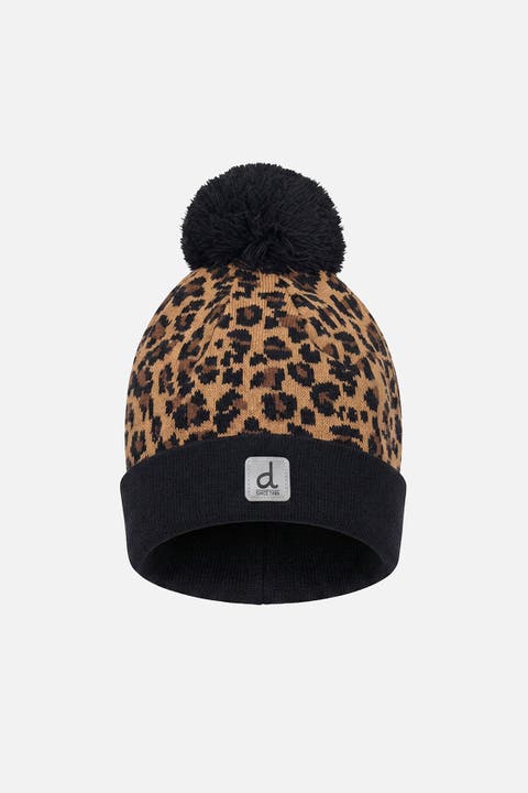 Leopard Knit Lined Hat with Pompom