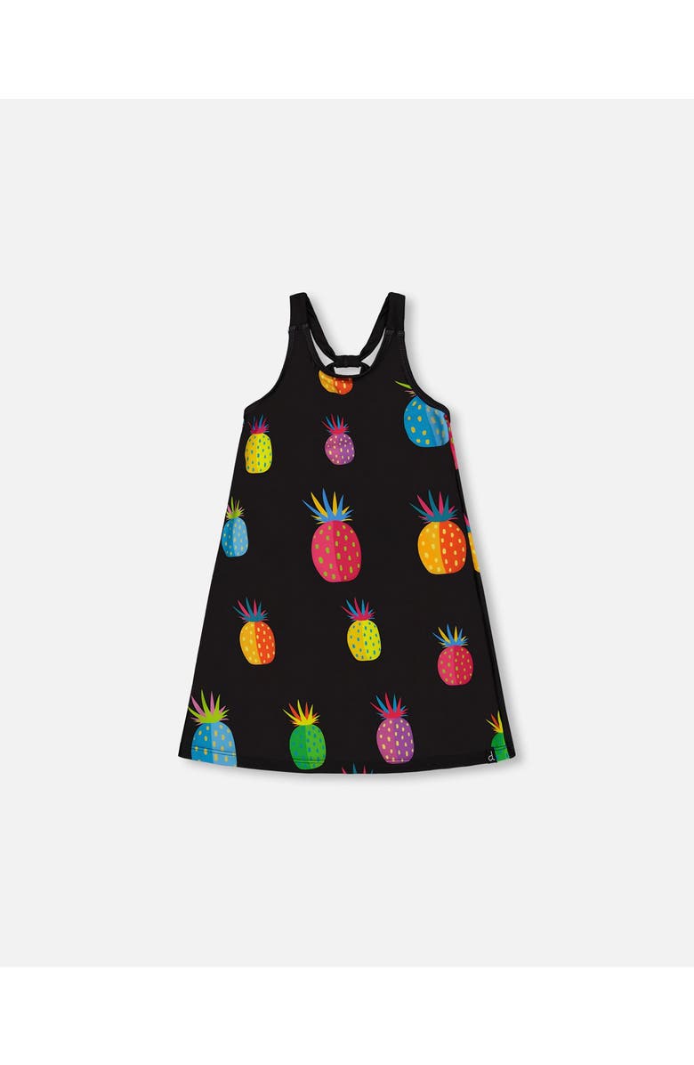 Deux par Deux Girl's Beach Dress Black Printed Pineapples, Main, color, 
