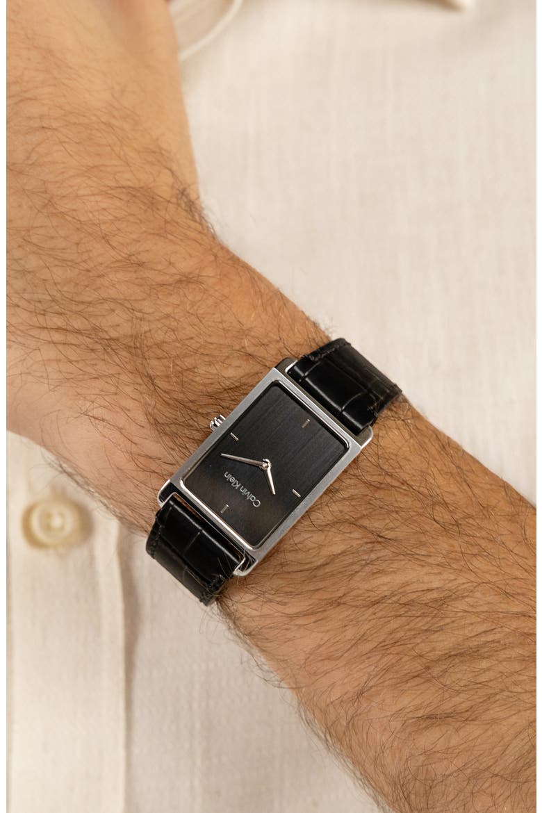 Dapper Rectangular Leather Strap Watch, 24mm, Alternate, color, BLACK
