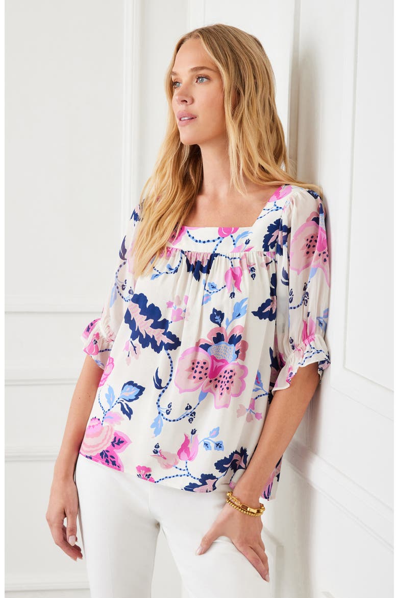 Print Ruffle Cuff Square Neck Top, Alternate, color, IVORY PRINT