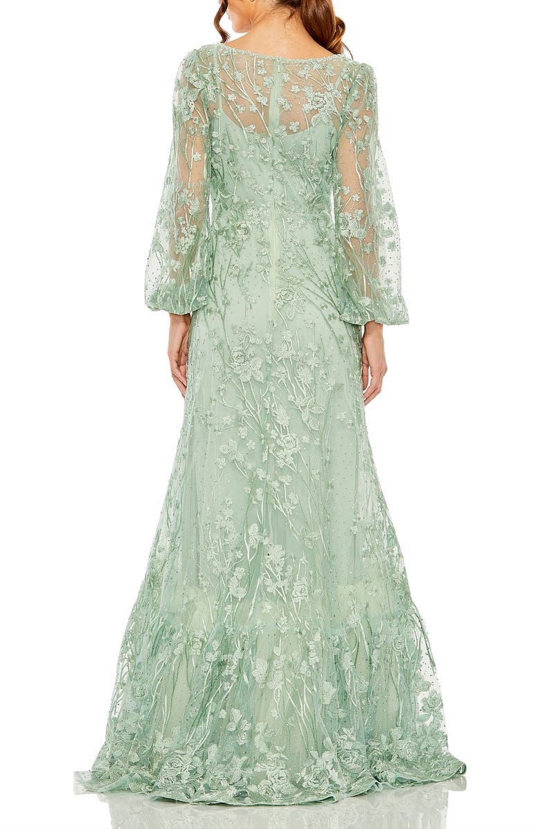 Mac Duggal V Neck Puff Sleeve A Line Embroidered Gown, Alternate, color, Sage