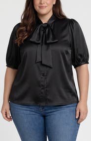 Liverpool Los Angeles Tie Neck Puff Sleeve Satin Top