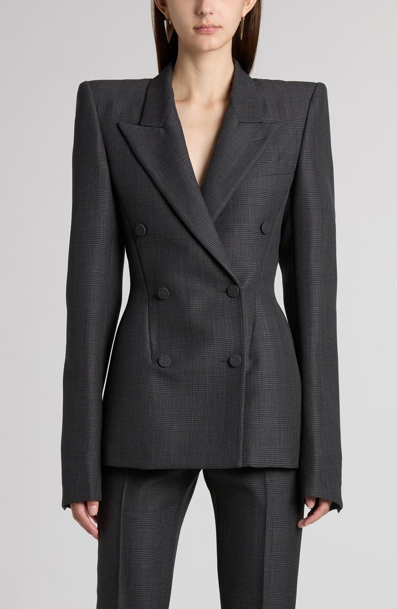 McQueen Glen Plaid Stacked Shoulder Wool & Mohair Blazer, Main, color, Black - Dark Grey