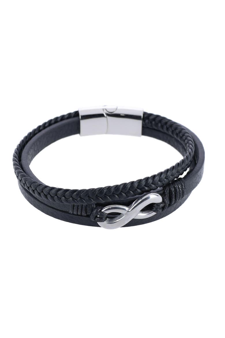 Loose Fit Infinity 3 Band Secure Clasp Leather Bracelet, Main, color, Silver