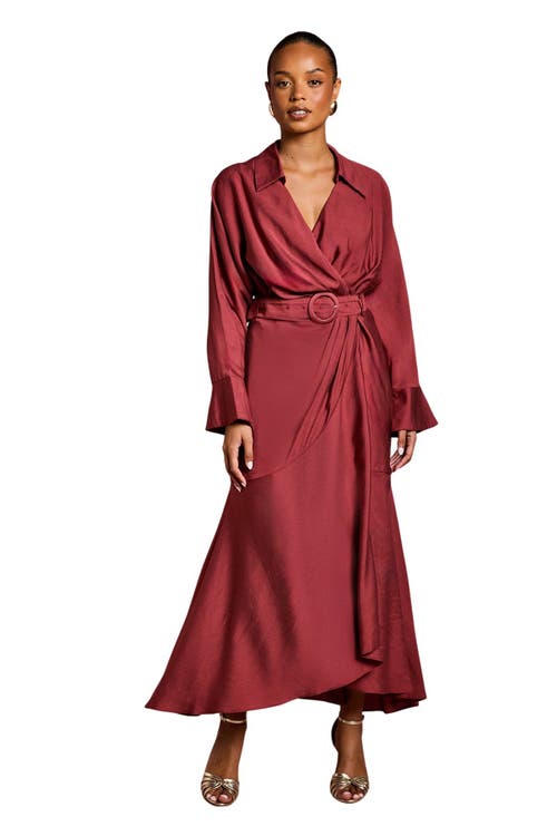 Coast Petite Long Sleeve Wrap Dress With Belt In Burgundy