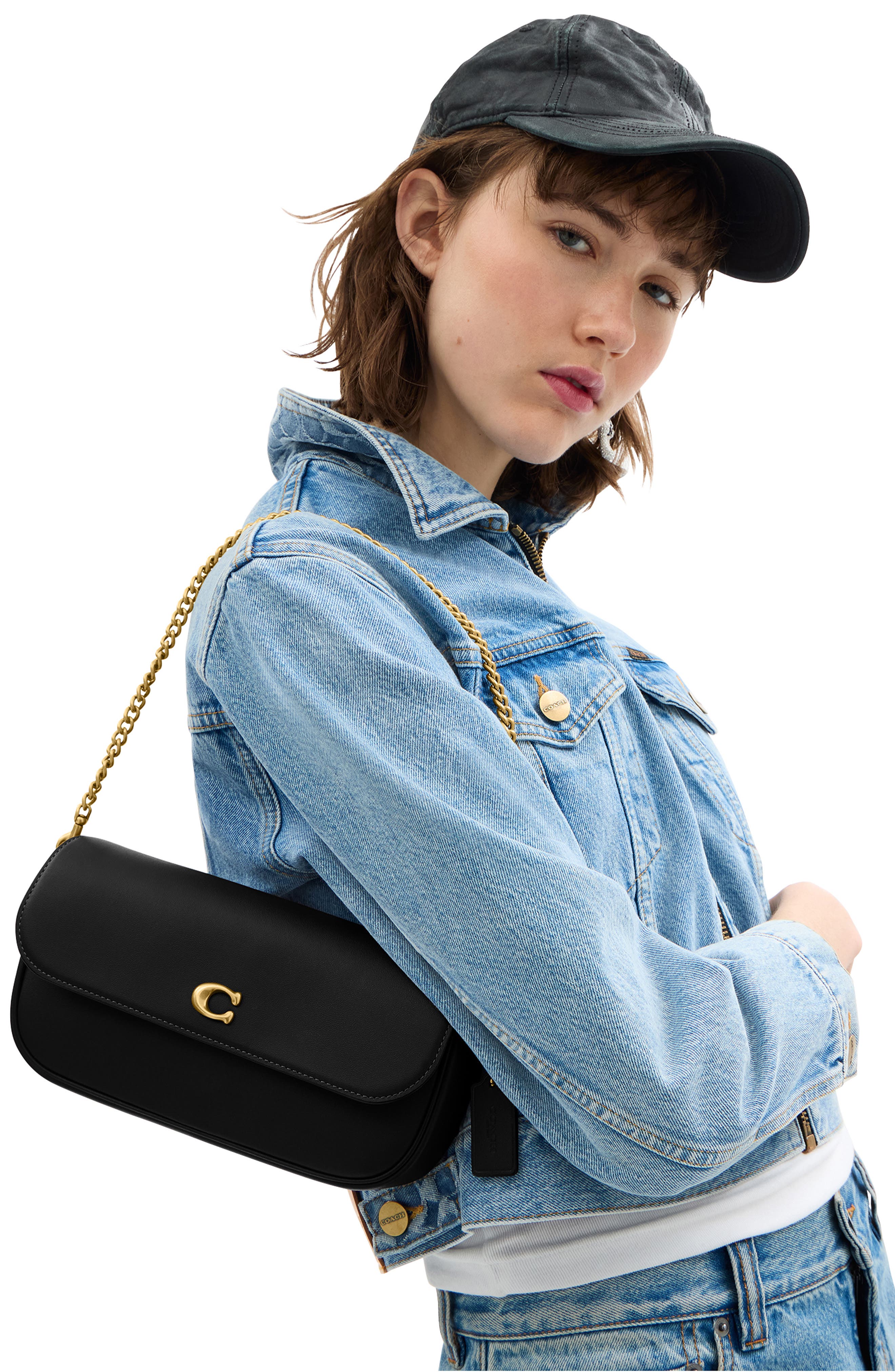 COACH Brook Refined Calf Leather Flap Chain Bag, Alternate, color, B4/ Black