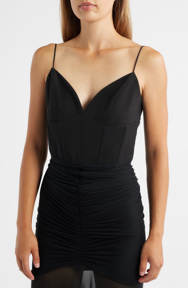 Black Halo Azura Corset Bodice Sheer Hem Cocktail Maxi Dress, Alternate, color, Black