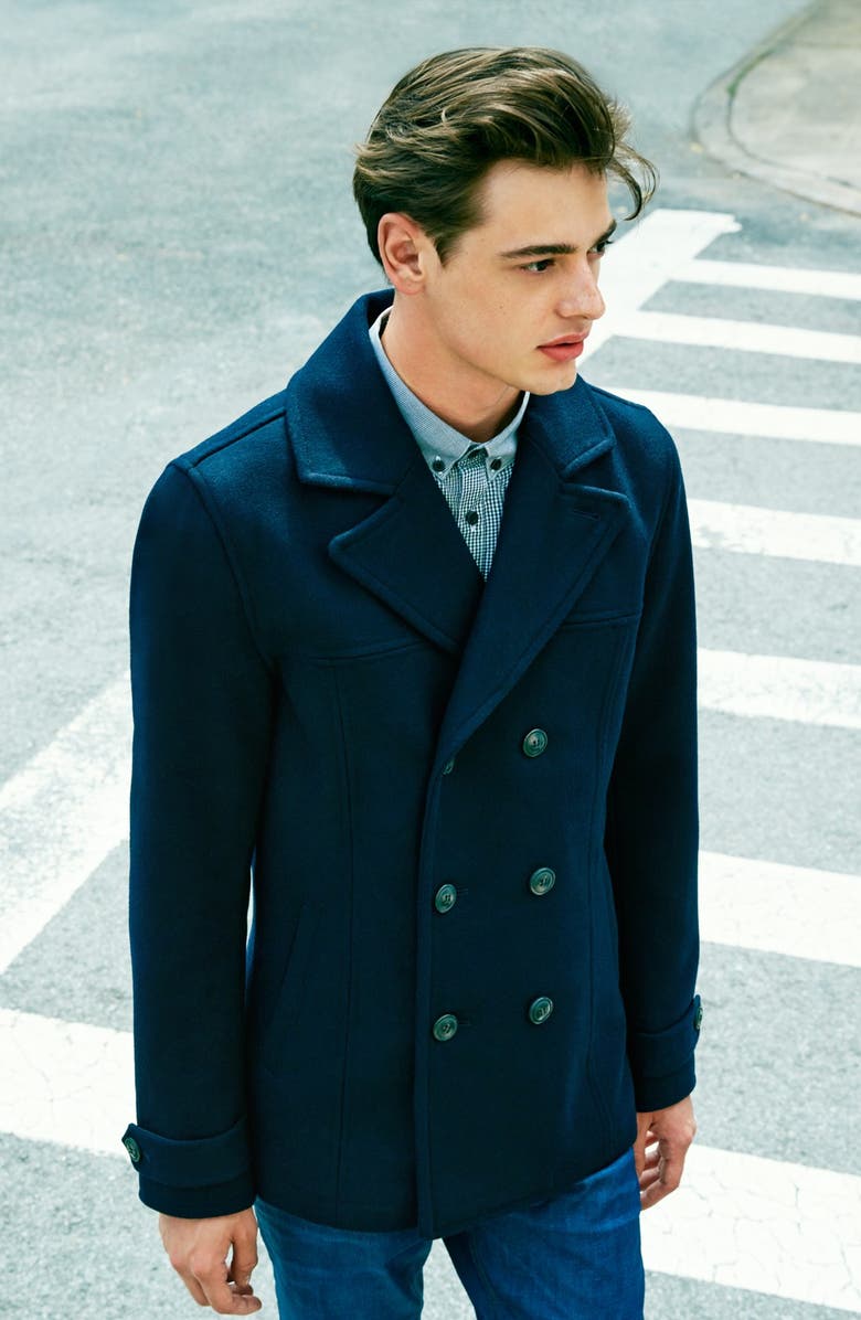 Topman Wool Blend Double Breasted Peacoat, Alternate, color, 