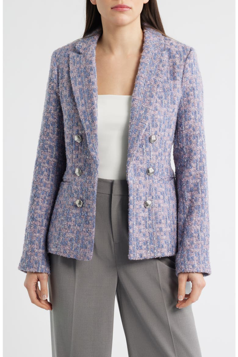 Faux Double Breasted Metallic Tweed Blazer, Main, color, BLUE ROSE SILVER
