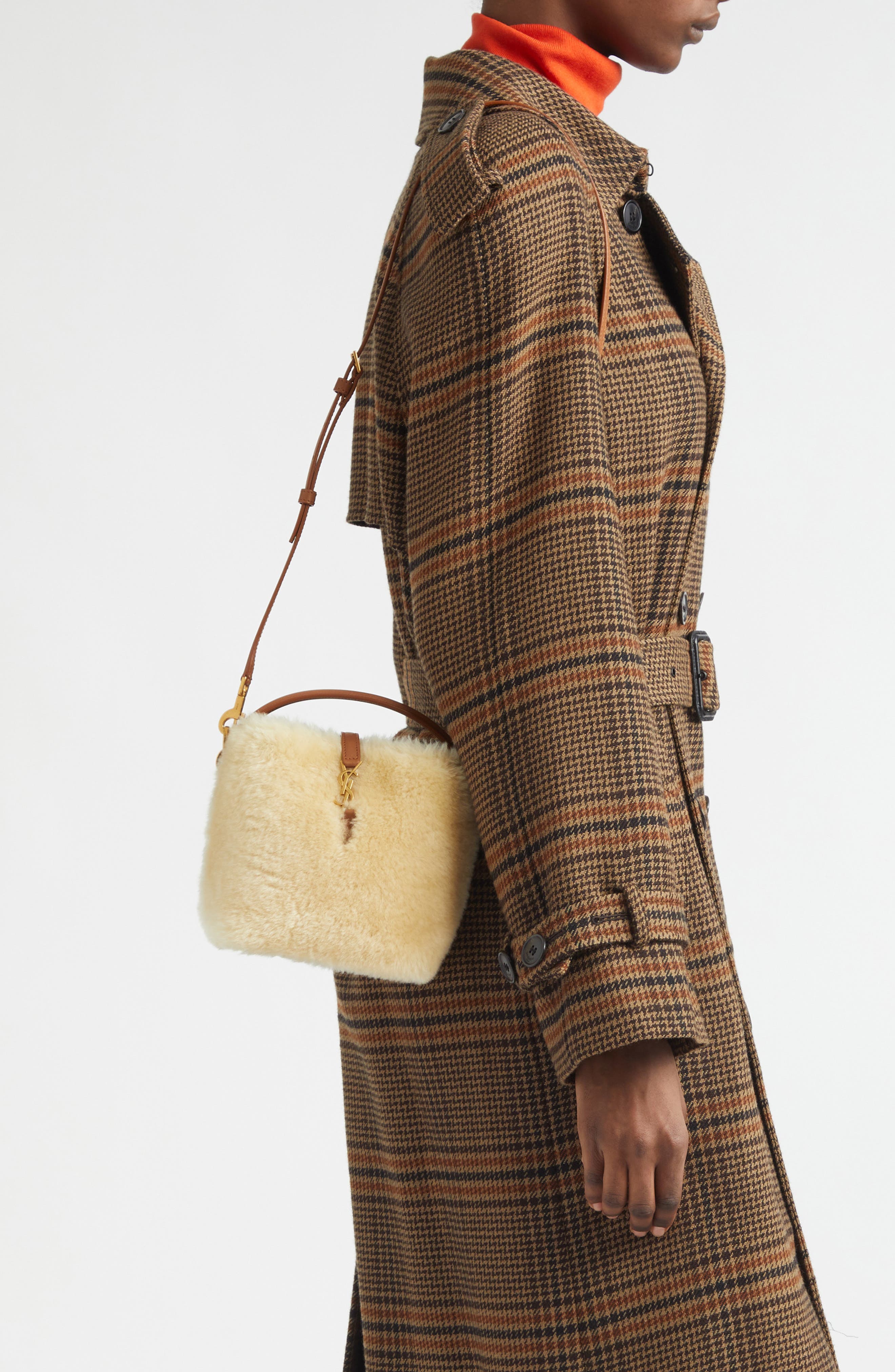 Saint Laurent Mini Le 37 Genuine Shearling Bucket Bag, Alternate, color, Cream Beige/ Brick