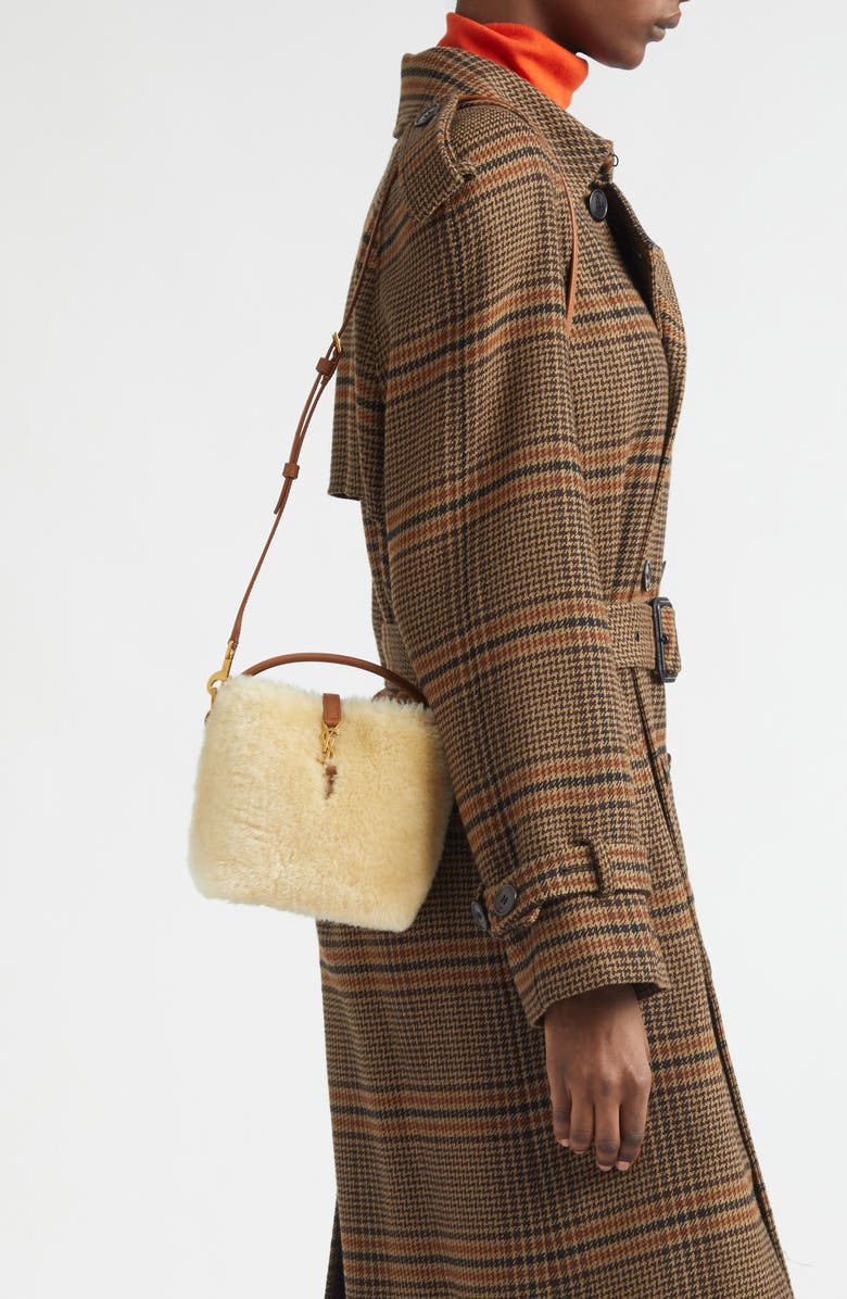Saint Laurent Mini Le 37 Genuine Shearling Bucket Bag, Alternate, color, Cream Beige/ Brick