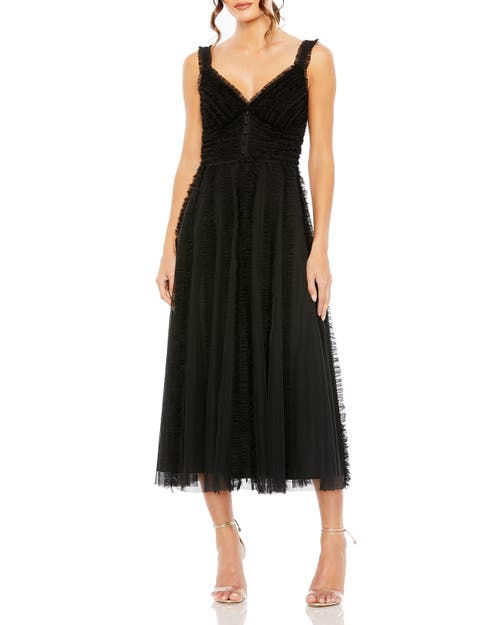Mac Duggal Tulle V-neck Dress With Cascading Ruffles And Sleek Silhouette In Black