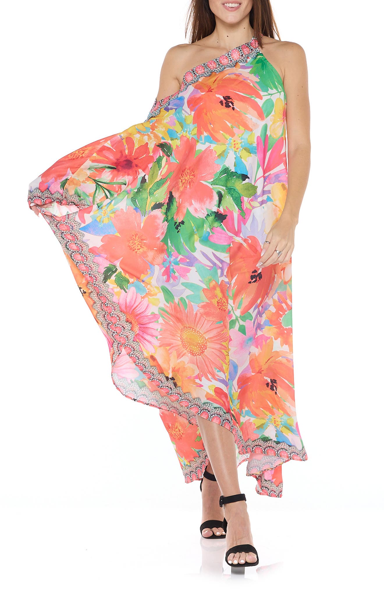 RANEES Floral One-Shoulder Cover-Up Dress