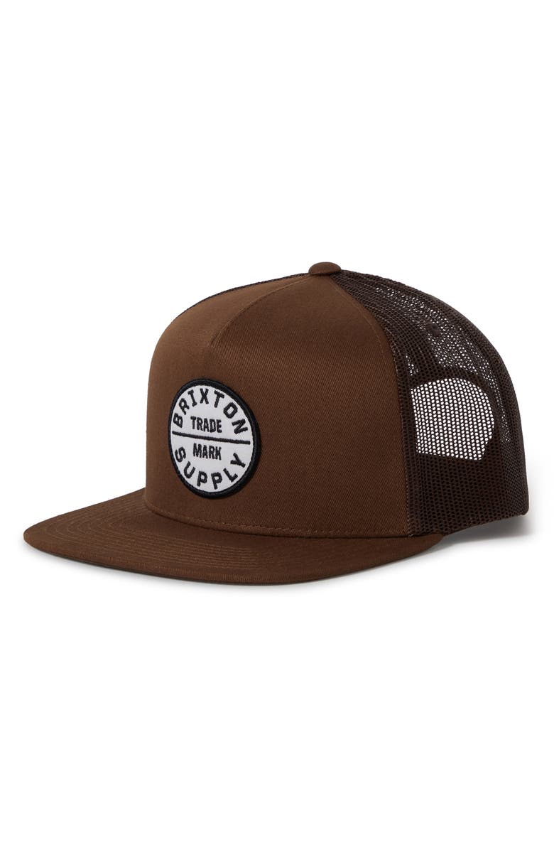 Brixton Oath Logo Patch Snapback Trucker Hat, Main, color, Pinecone Brown/ Pinecone Brown