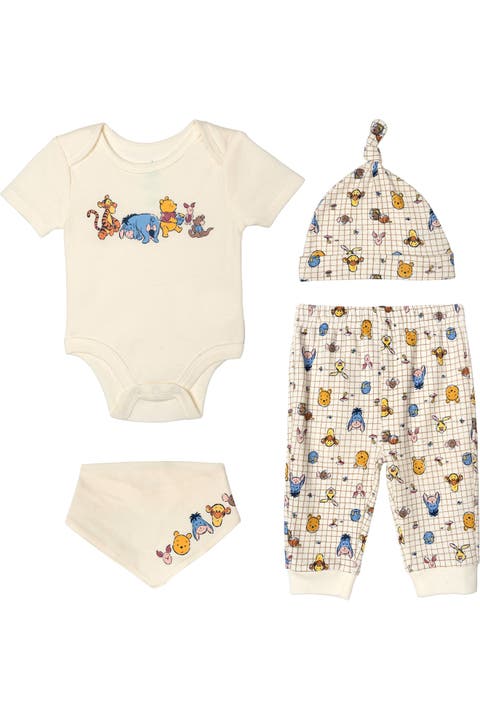 Winnie The Pooh 4-piece Bodysuit Pants Bib And Hat Set