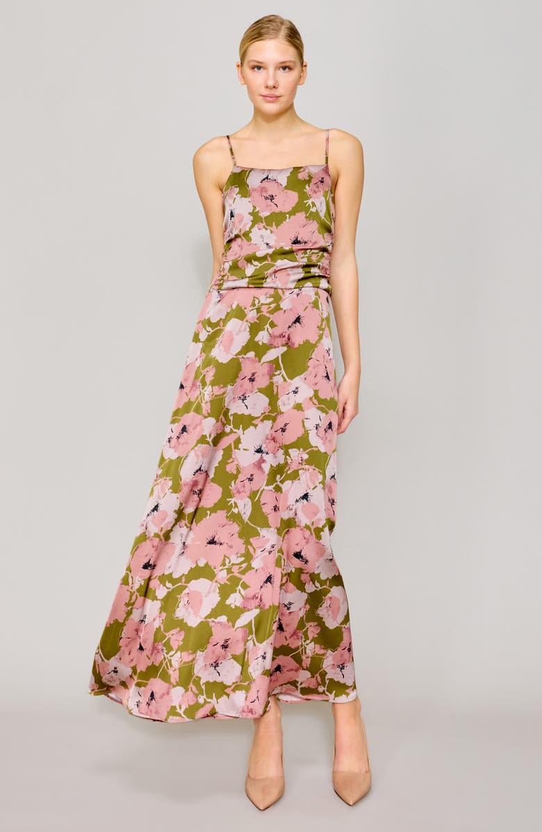 MELLODAY Floral Satin Maxi Dress, Alternate, color, Olive/ Blush Floral