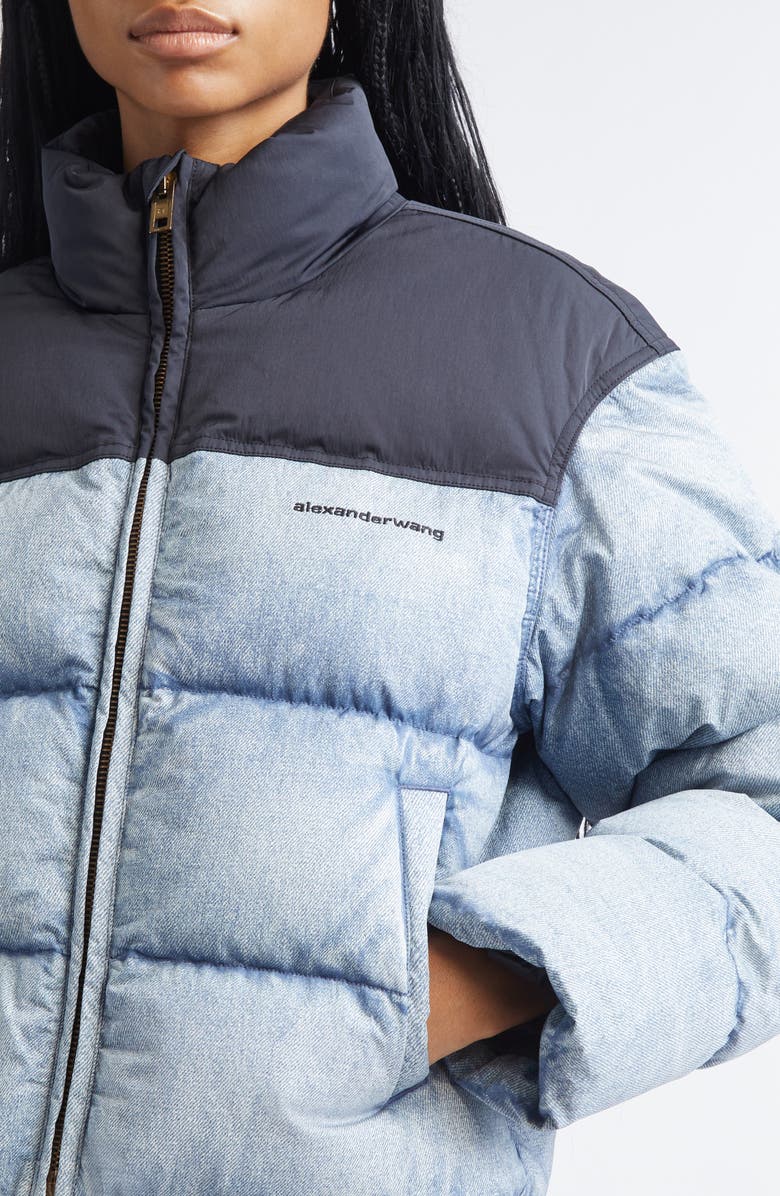 Alexander Wang Denim Print Down Puffer Jacket, Alternate, color, Light Distressed Blue/ Black