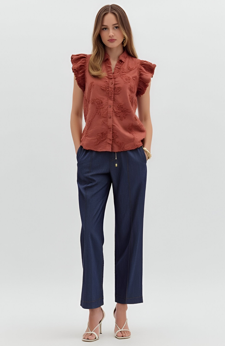 Modenaire Ruffle Sleeve Blouse with Textured Floral Embroidery and Button Front, Alternate, color, 