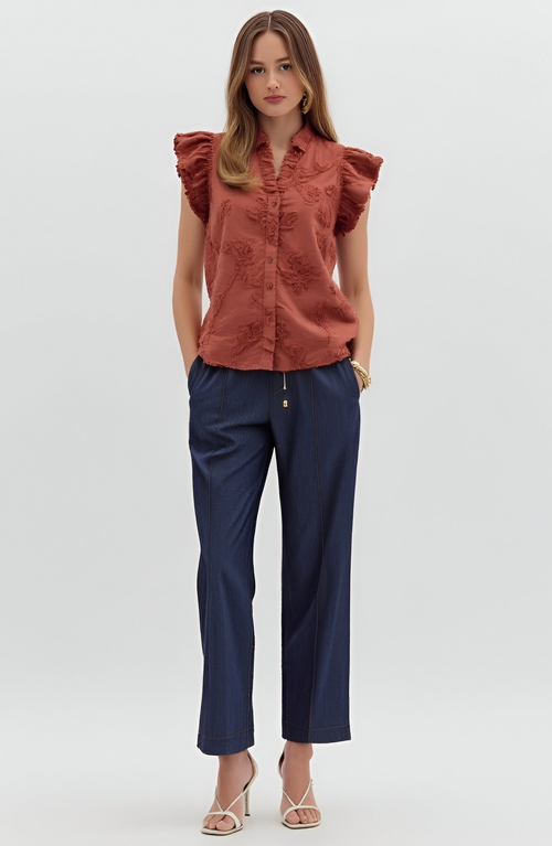 Modenaire Ruffle Sleeve Blouse With Textured Floral Embroidery And Button Front In Brown