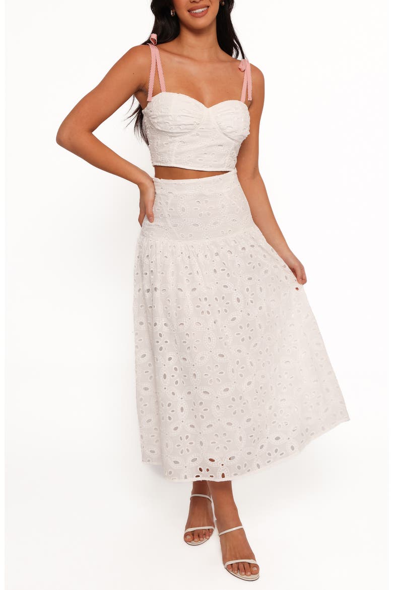 Kara Eyelet Cotton Bustier Crop Top & Maxi Skirt Set, Main, color, WHITE