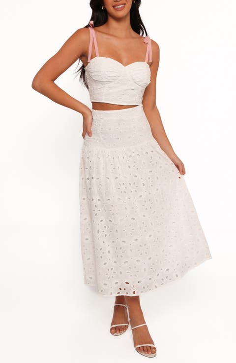 Kara Eyelet Cotton Bustier Crop Top & Maxi Skirt Set