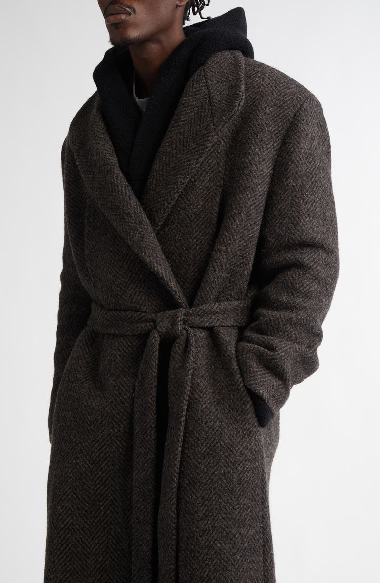 Fear of God Herringbone Belted Virgin Wool Coat, Alternate, color, Mocha