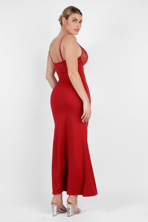 Popilush Shapewear Lace V Neck Side Slit Slimming Maxi Slip Dress In Brick