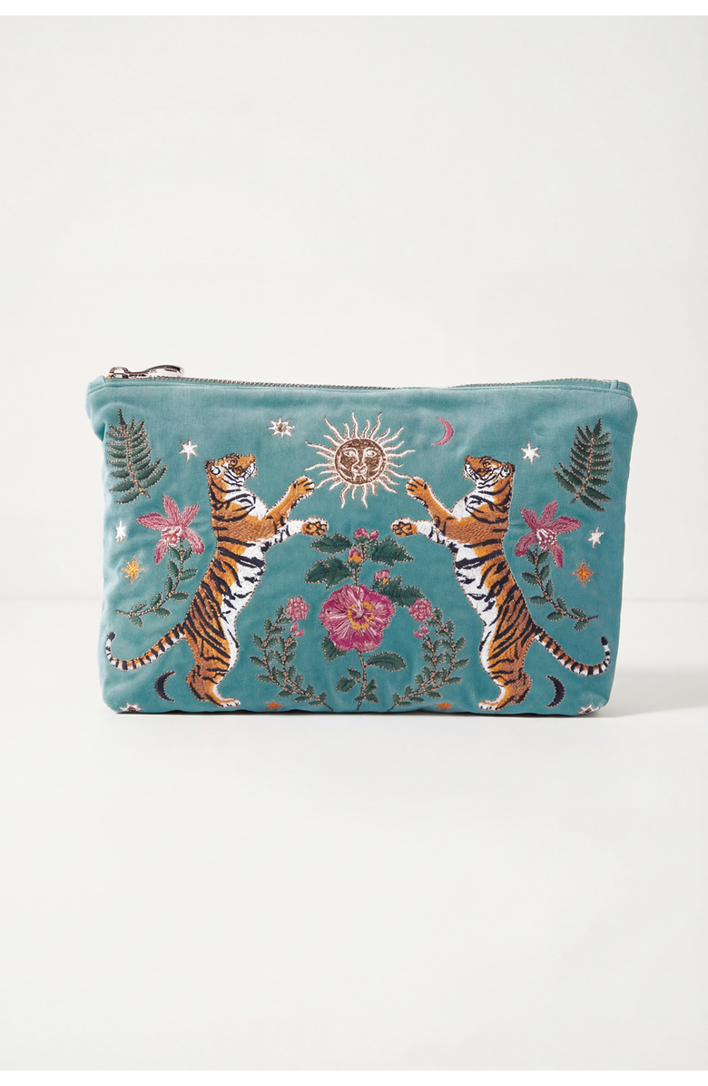 Elizabeth Scarlett Celestial Tiger Velvet Everyday Pouch, Main, color, Dusky Teal