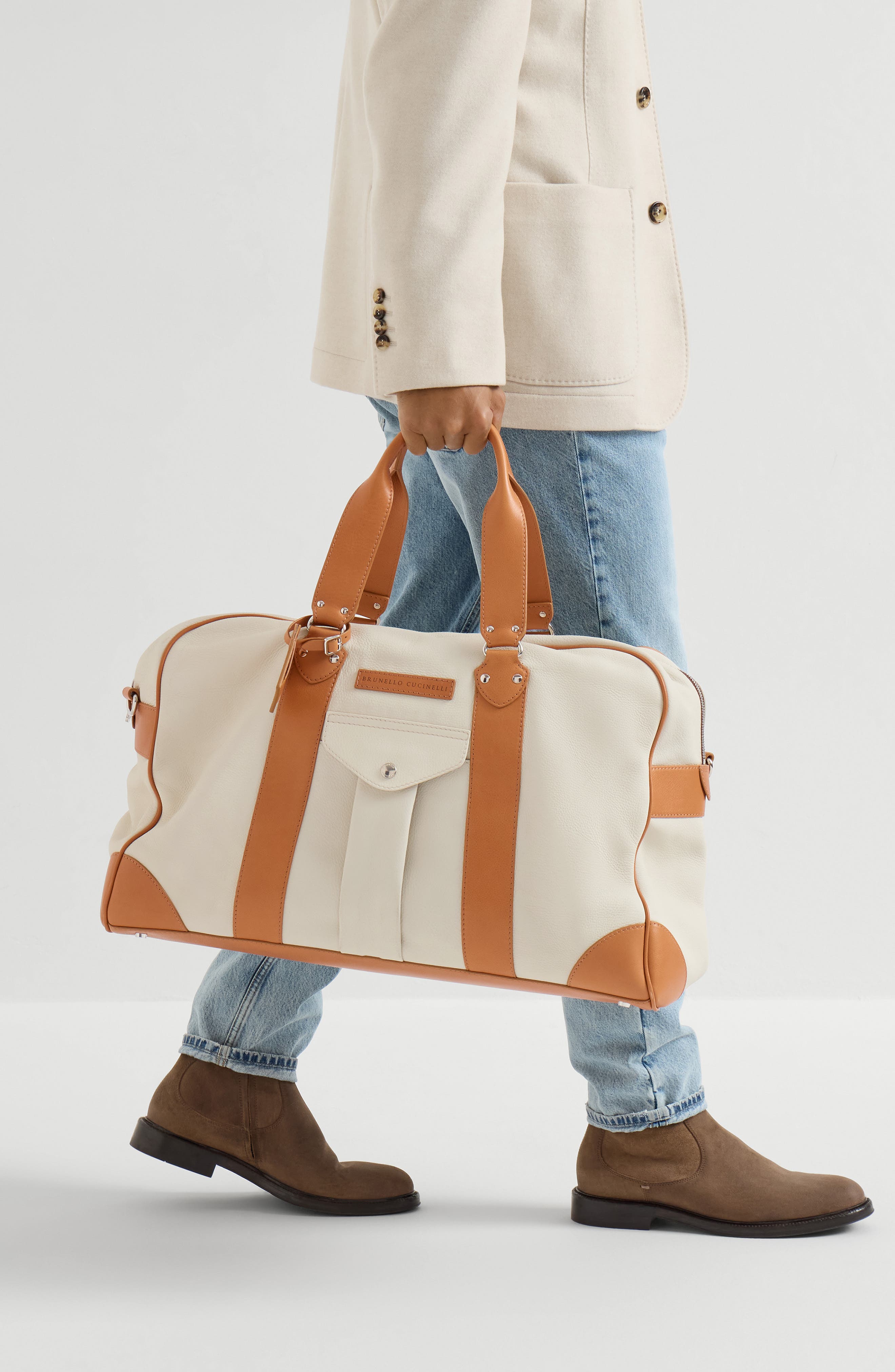 Grained calfskin and cowhide street bag, Alternate, color, Ivory