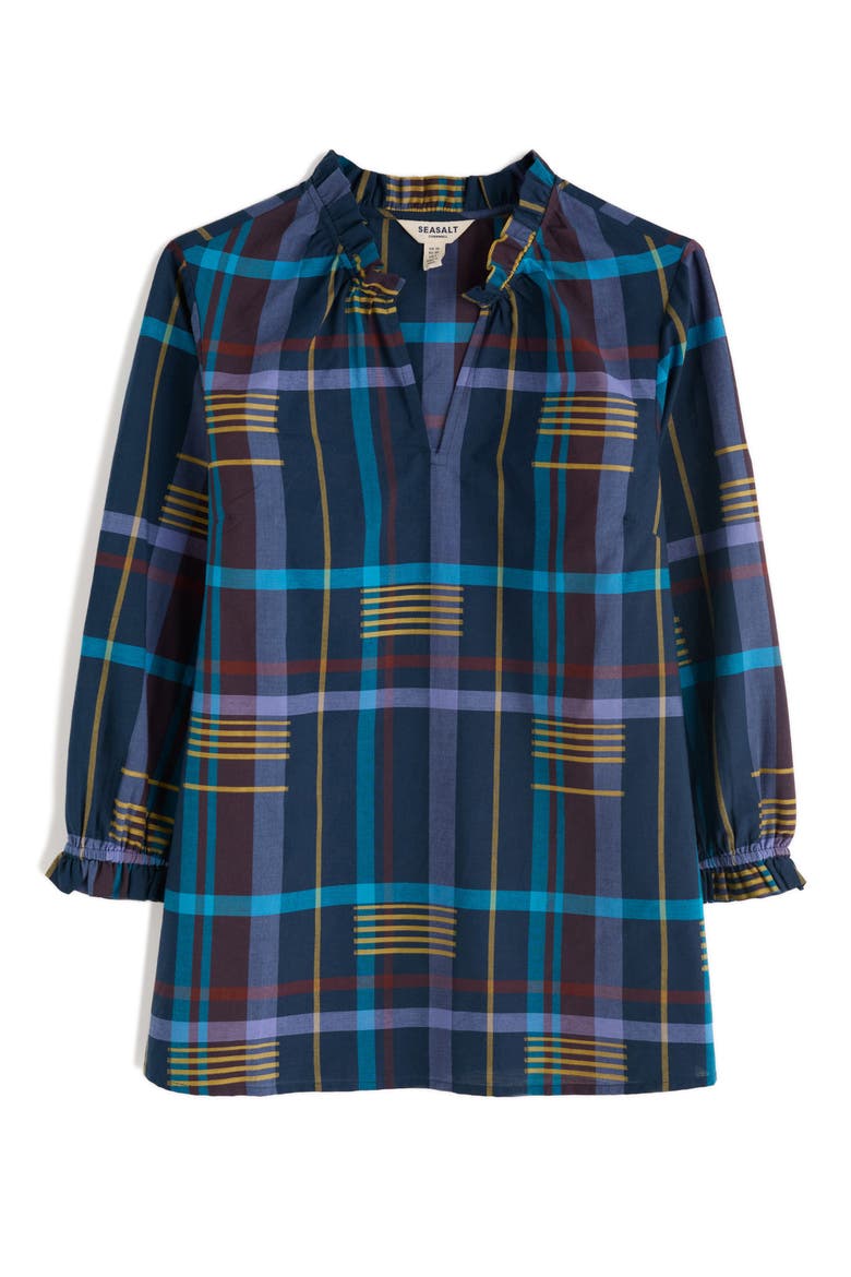 Aggie Ruffle Plaid Split Neck Shirt, Alternate, color, CHERRY TREE TEAL