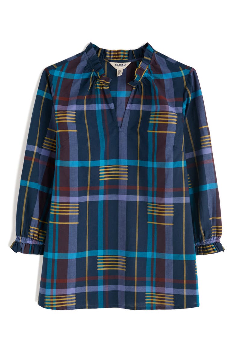 Seasalt Cornwall Aggie Ruffle Plaid Split Neck Shirt, Alternate, color, Cherry Tree Teal