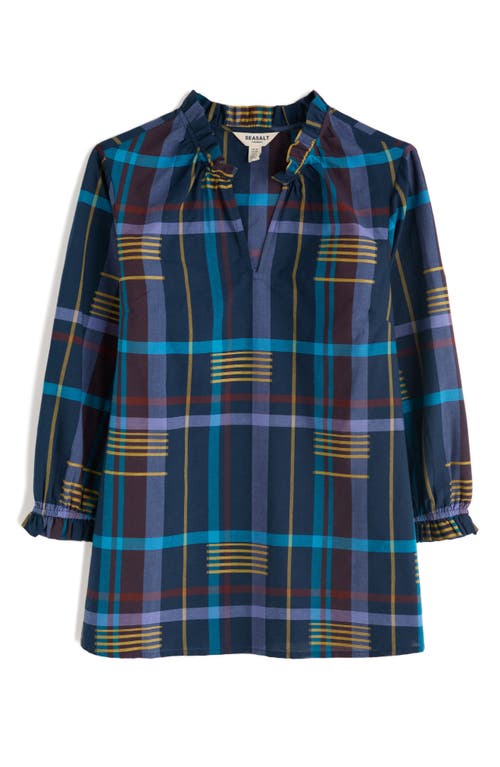 Seasalt Cornwall Aggie Ruffle Plaid Split Neck Shirt In Blue