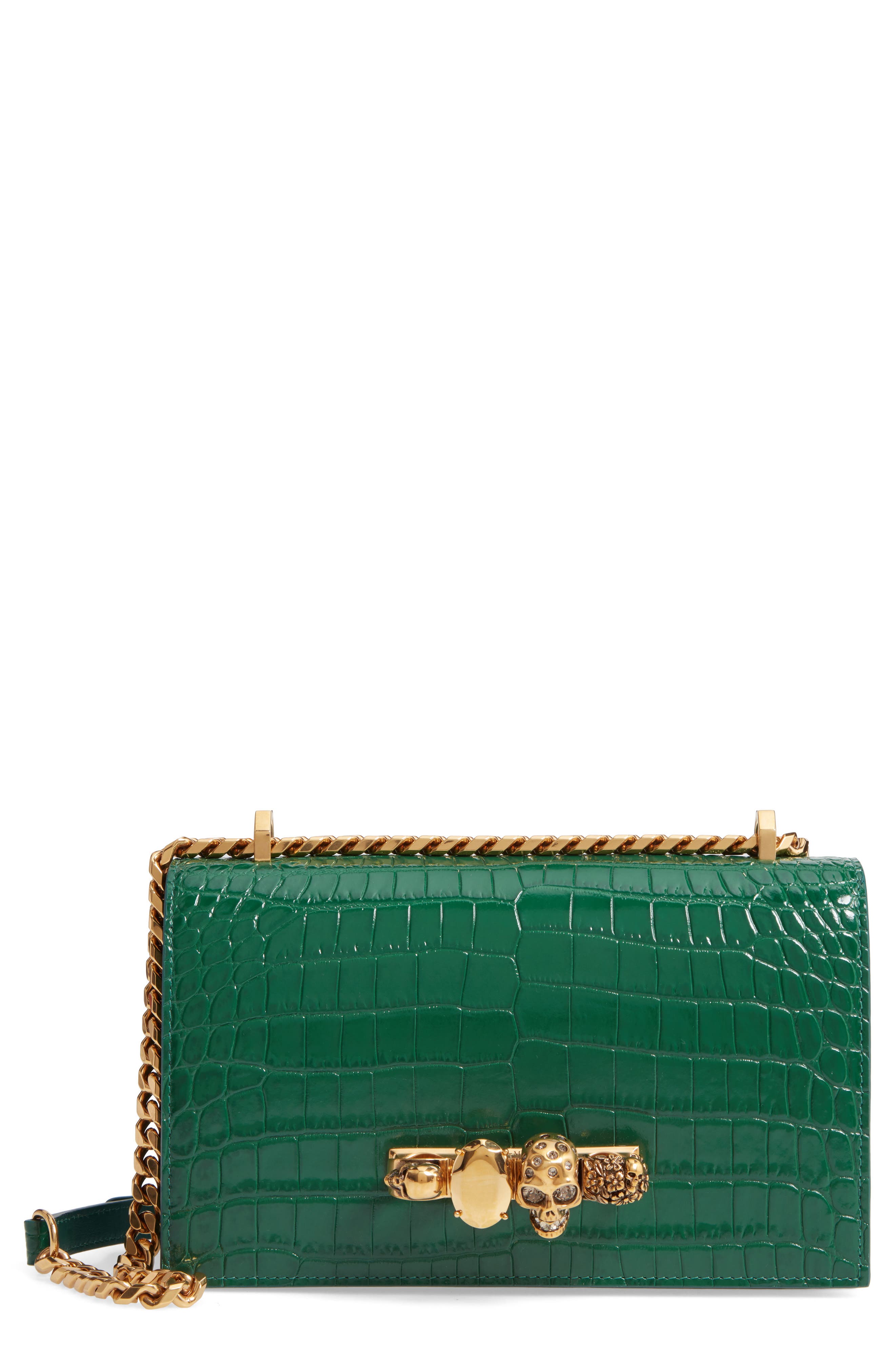McQueen Alexander McQueen Knuckle Ring Croc Embossed Leather Crossbody Bag, Main, color, 