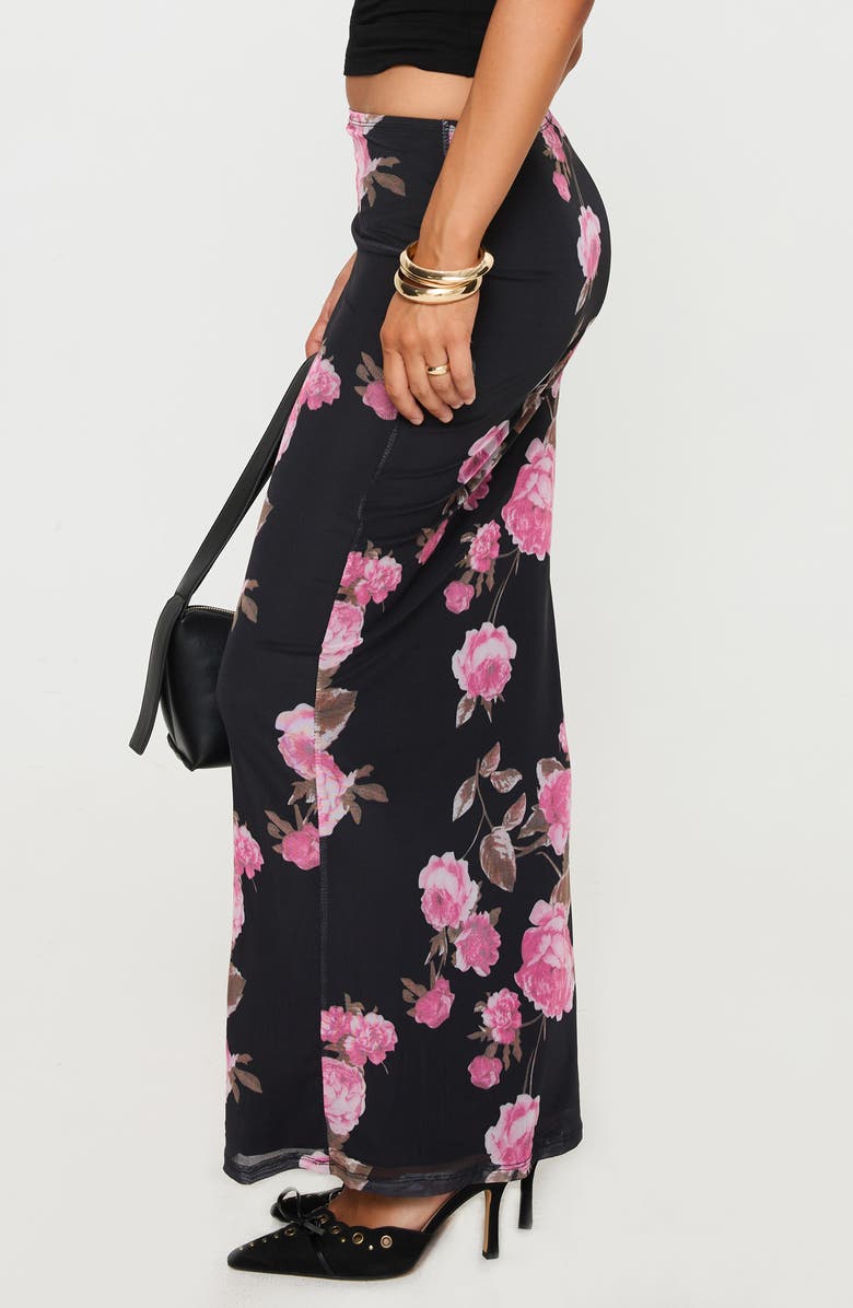 Princess Polly Modalla Floral Print Mesh Maxi Skirt, Alternate, color, Black