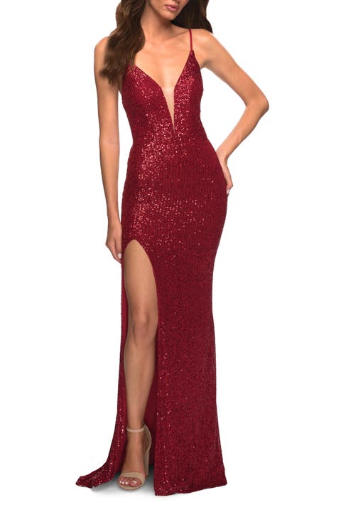 Sequin Gown with Deep V Neckline and Lace Up Back