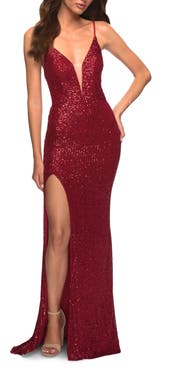 La Femme Sequin Gown with Deep V Neckline and Lace Up Back