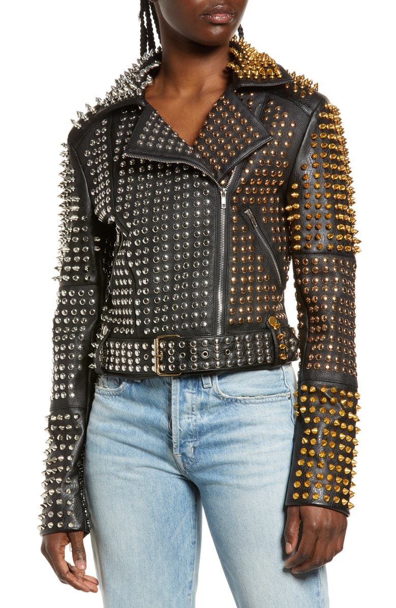 AZALEA WANG Studded Faux Leather Belted Moto Jacket, Alternate, color, Black
