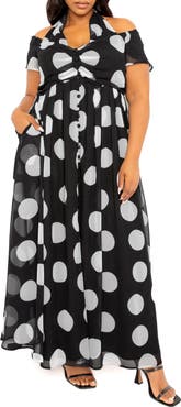 BUXOM COUTURE Polka Dot Off the Shoulder Halter Maxi Dress
