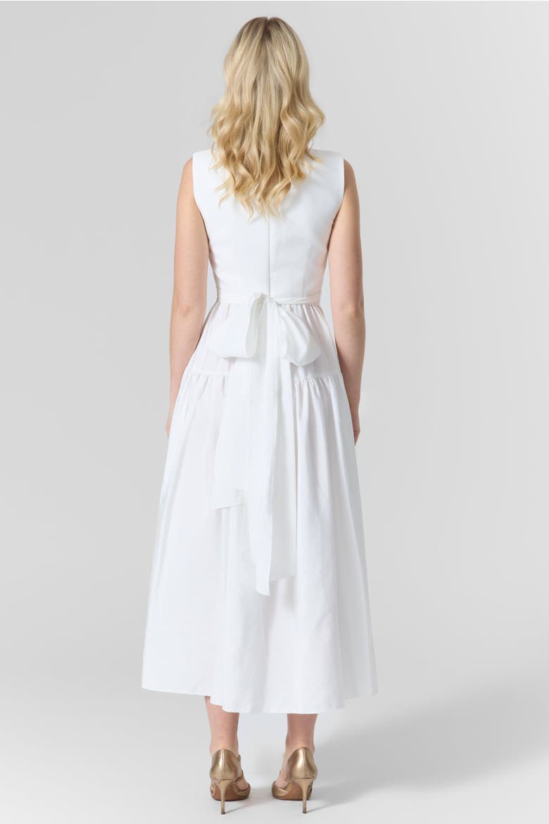 Belted Taffeta Embroidered Midi Dress, Alternate, color, White