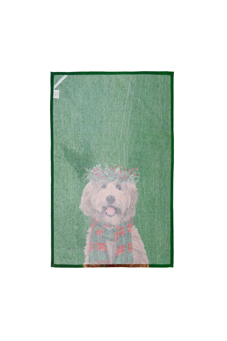 Holiday Labradoodle with Scarf and Crown Wreath Towel, Alternate, color, Green