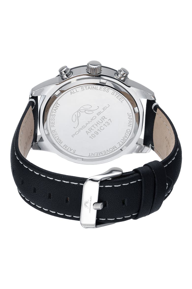 Men's Arthur Chronograph Leather Strap Watch, 44mm, Alternate, color, SILVER/BLACK /BLUE