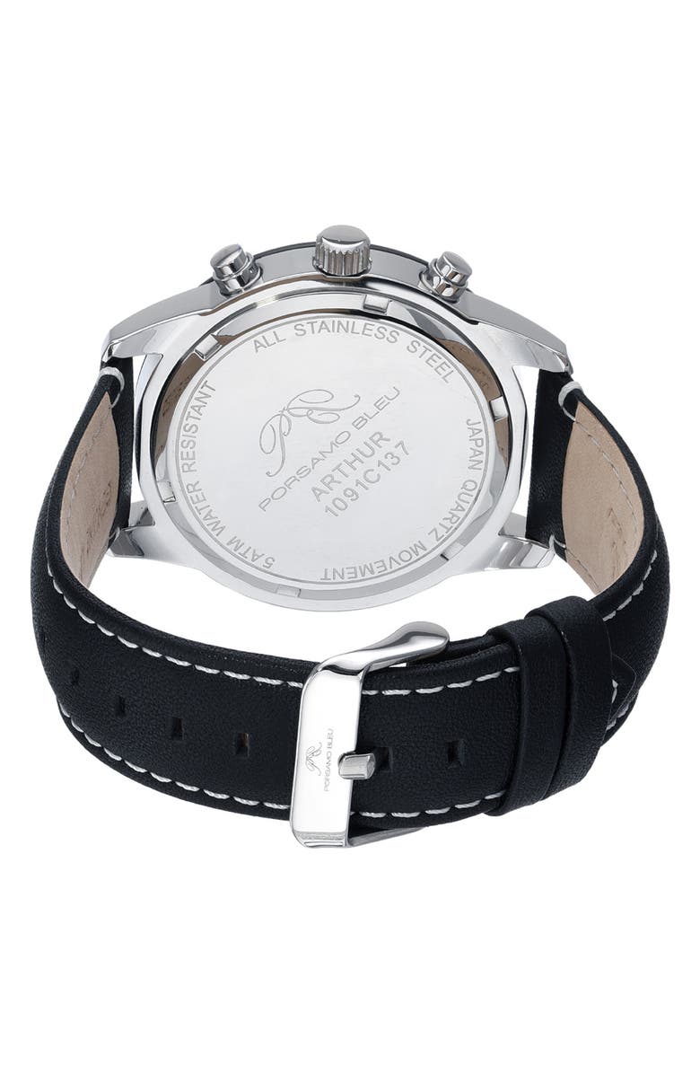 PORSAMO BLEU Men's Arthur Chronograph Leather Strap Watch, 44mm, Alternate, color, Silver/Black /Blue