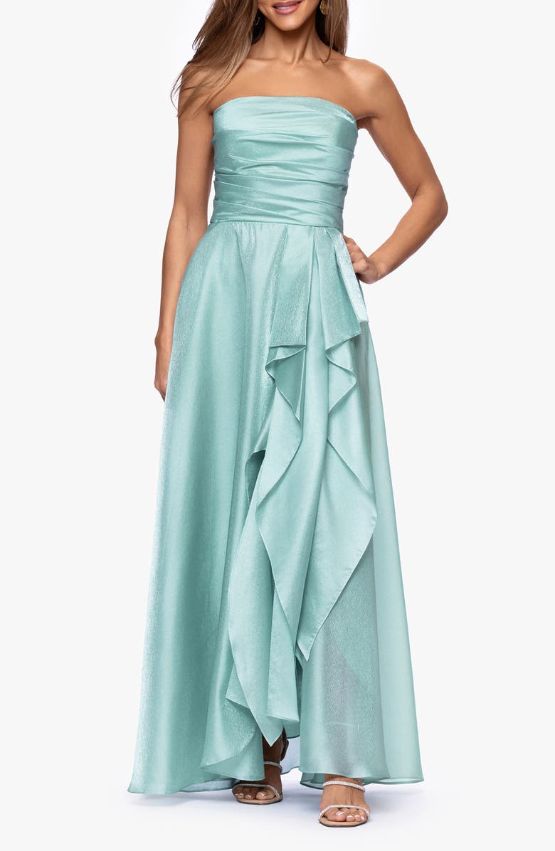 Xscape Evenings Strapless Ruffle Detail Metallic Organza Gown, Main, color, Seafoam