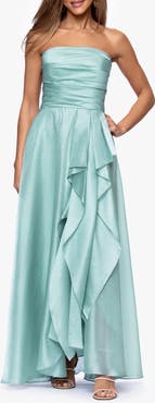Xscape Evenings Strapless Ruffle Detail Metallic Organza Gown