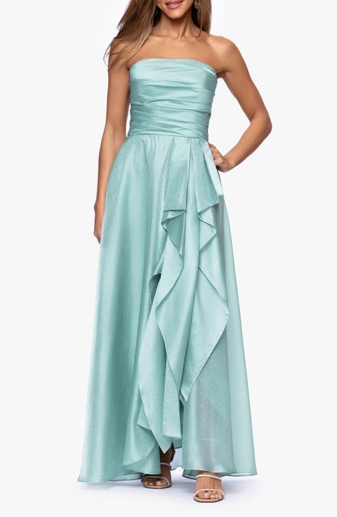 Xscape Evenings Strapless Ruffle Detail Metallic Organza Gown (Regular & Petite)