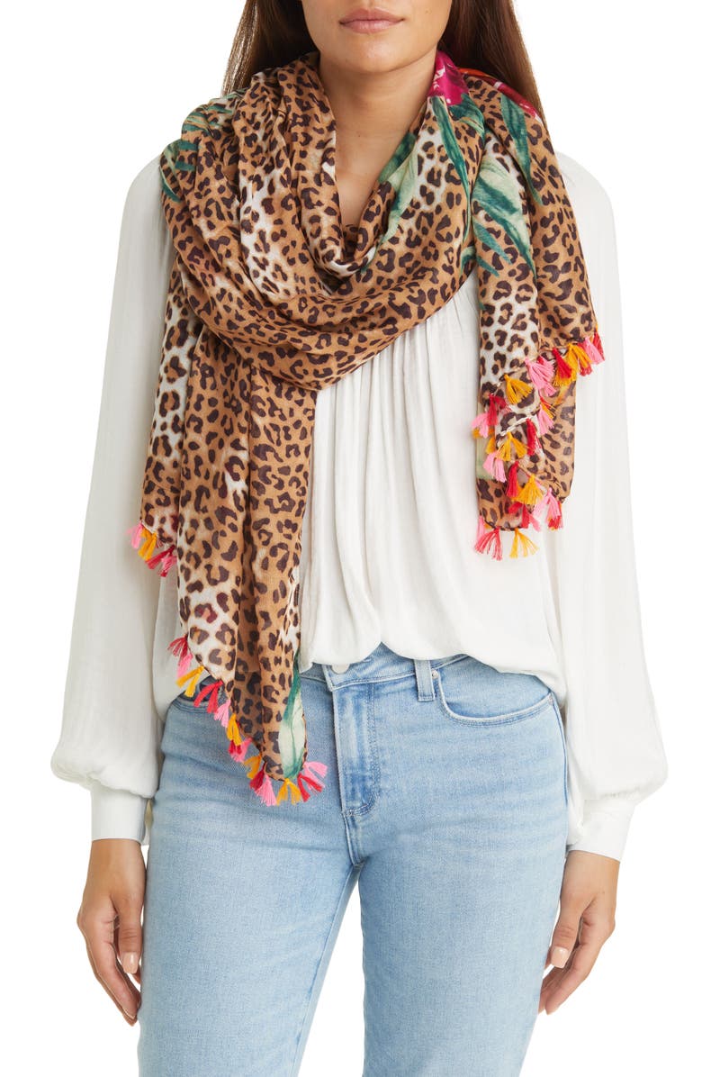 Tasha Leopard Floral Fringe Scarf, Main, color,