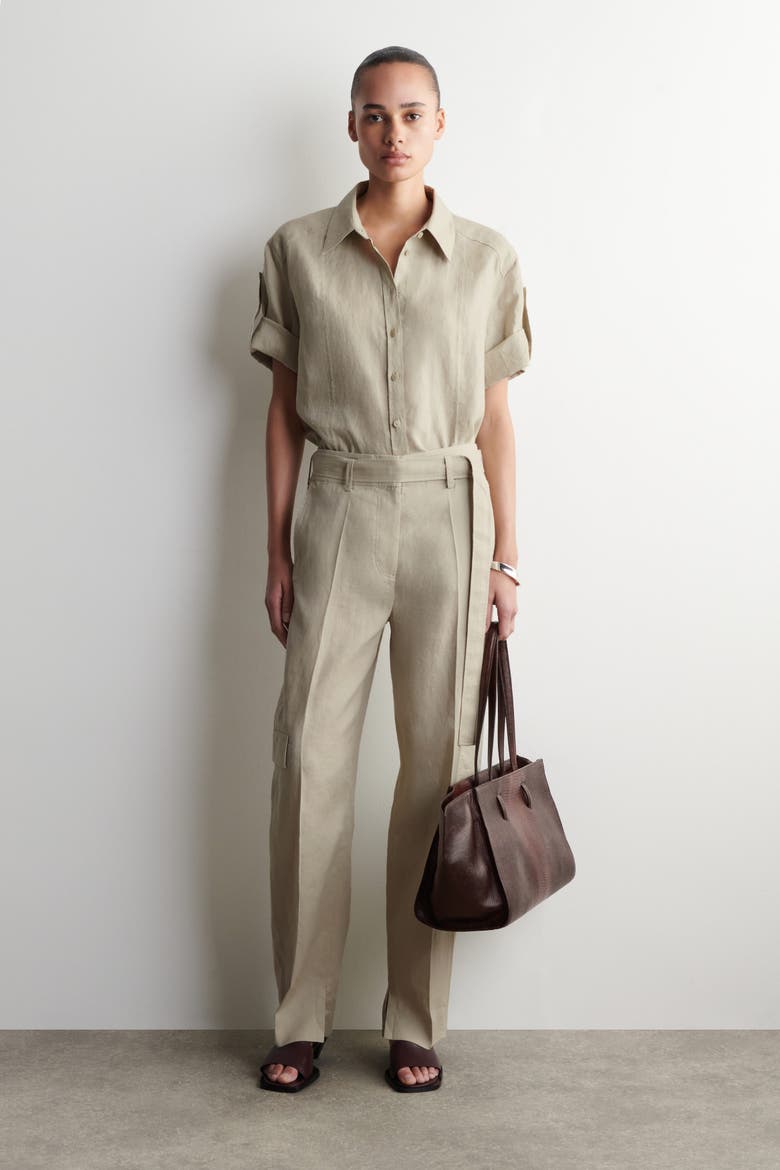 Folded-Sleeve Linen Shirt, Alternate, color, BEIGE